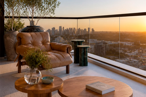 Varanda com poltrona de couro e vista para a cidade ao pôr do sol, projeto NZ Arquitetura